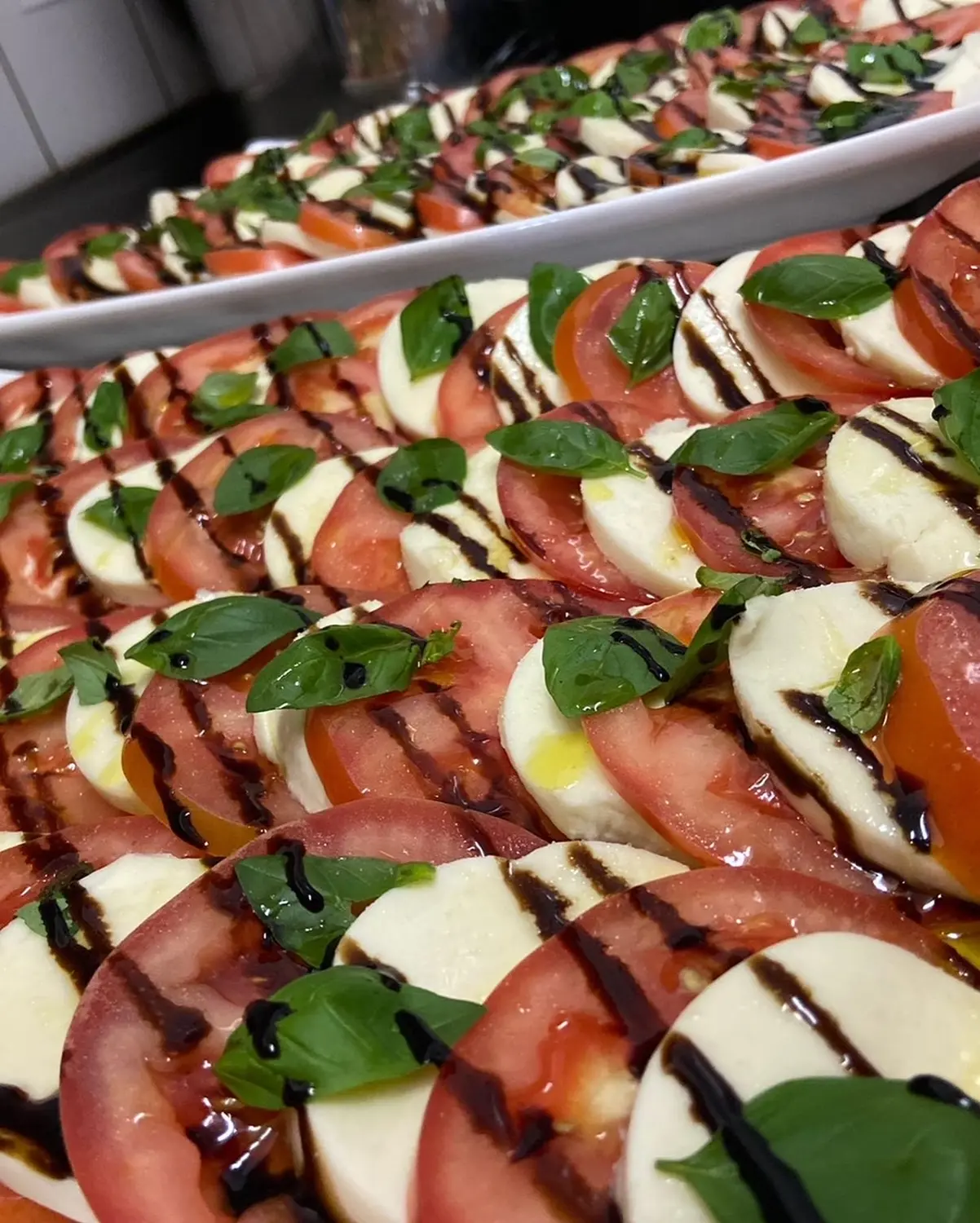 Catering-Essen, Tomaten und Käsescheiben mit Soße und Basilikumblättern oben drauf und von Tirana